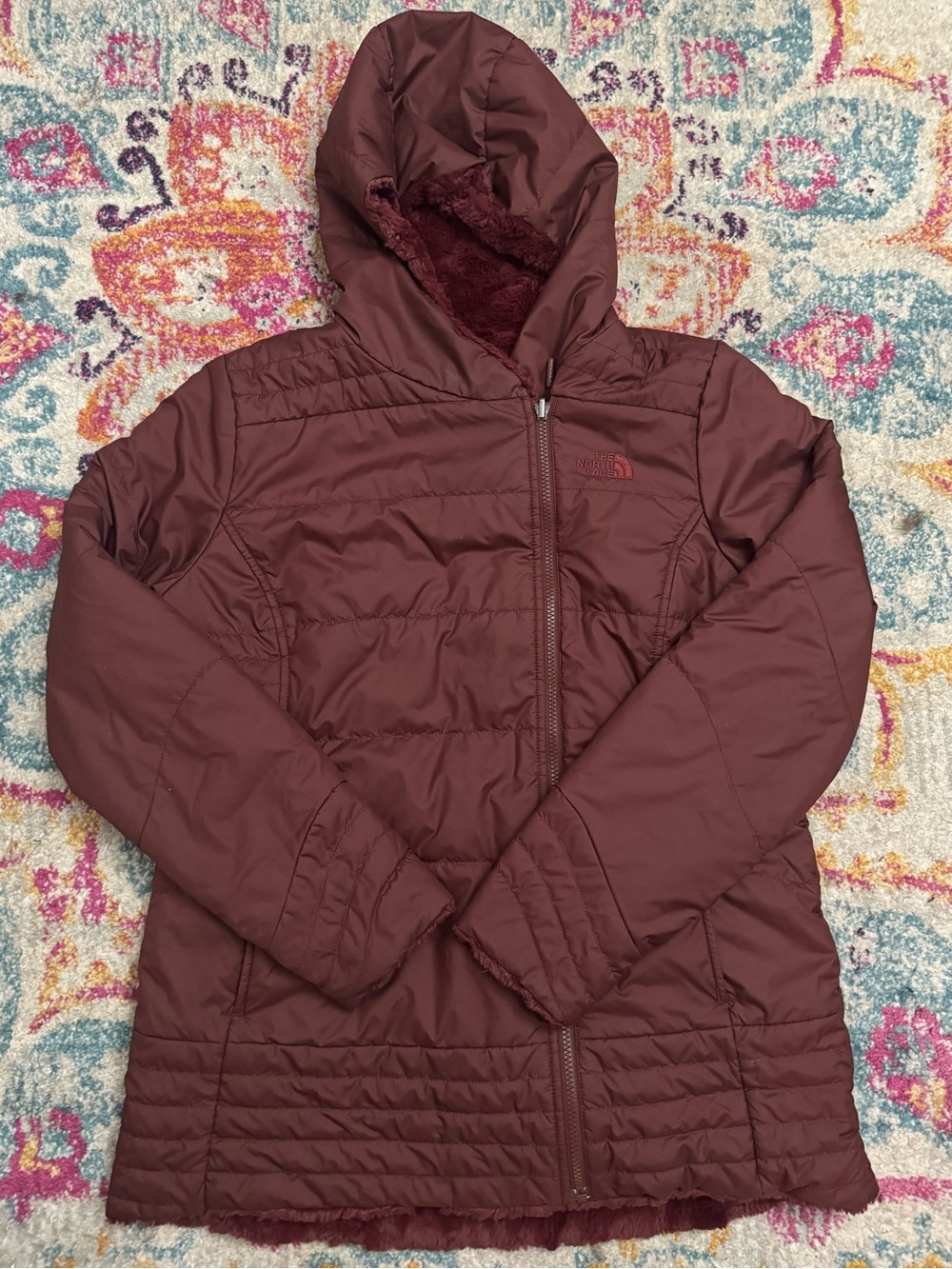 The North Face Mossbud Swirl Reversible Jacket Burgundy Faux Fur Puffer M